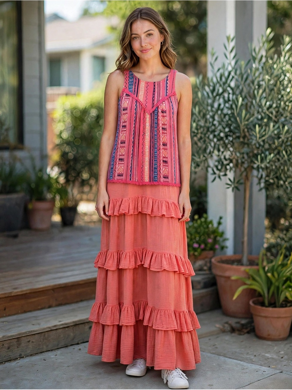 Mudd Coral Embroidered Sleeveless Tiered Tunic Top.